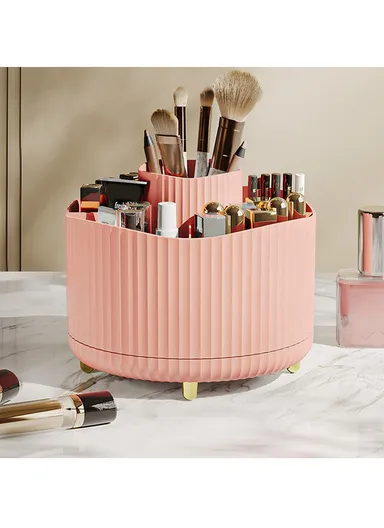 Vertical Stripes Design Rotating Makeup Brush Holder ABS Desktop Organizer Cosmetic Storage Container - Pink