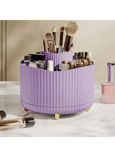 Vertical Stripes Design Rotating Makeup Brush Holder ABS Desktop Organizer Cosmetic Storage Container - Purple