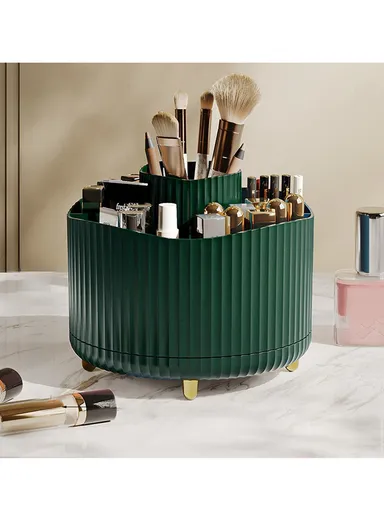 Vertical Stripes Design Rotating Makeup Brush Holder ABS Desktop Organizer Cosmetic Storage Container - Blackish Green