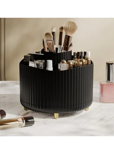Vertical Stripes Design Rotating Makeup Brush Holder ABS Desktop Organizer Cosmetic Storage Container - Black