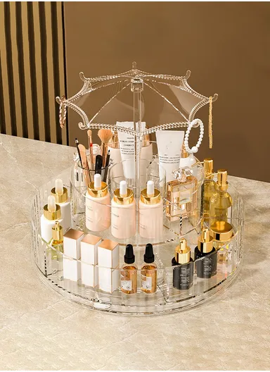 360° Rotating Transparent Makeup &amp; Skincare Organizer with Jewelry Holder