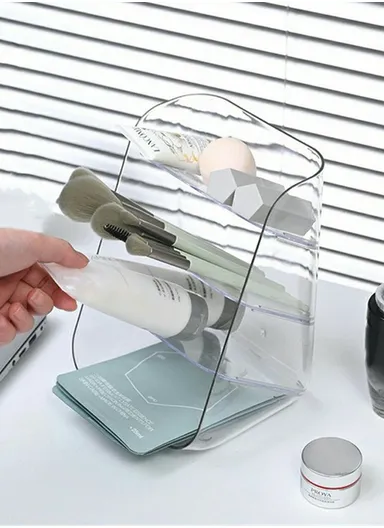 Slanted Cosmetic Organizer Multi-Tier Compartments Plastic Makeup Storage Box - Transparent