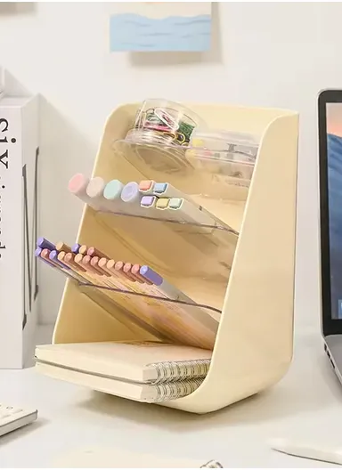 Slanted Cosmetic Organizer Multi-Tier Compartments Plastic Makeup Storage Box - Beige