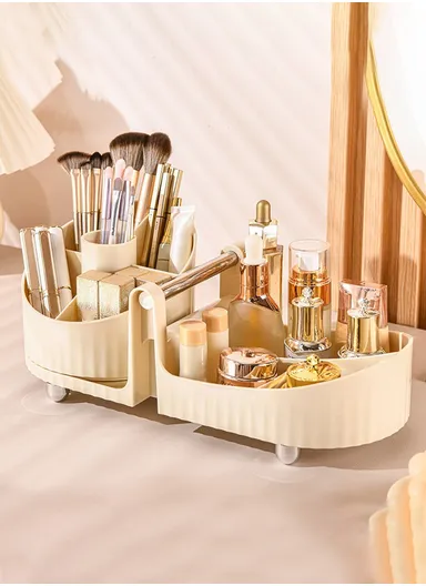 360° Rotating Makeup Organizer Large Capacity Storage with Handle - Beige