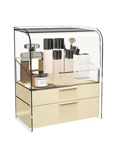 Small Luxury Clear Makeup Organizer 3-Tier Dustproof Cosmetic PET Storage Box with Flip Cover – Beige