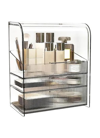 Small Luxury Clear Makeup Organizer 3-Tier Dustproof Cosmetic PET Storage Box with Flip Cover – Transparent