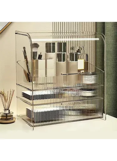 Small Luxury Clear Makeup Organizer 3-Tier Dustproof Cosmetic PET Storage Box with Flip Cover – Transparent Grey