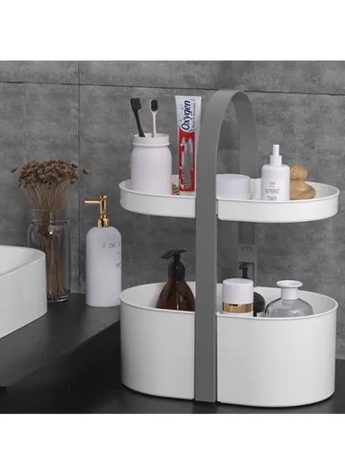 2-Layer Desktop Organizer Basket Multifunctional ABS Storage Rack with Arched Handle - Grey