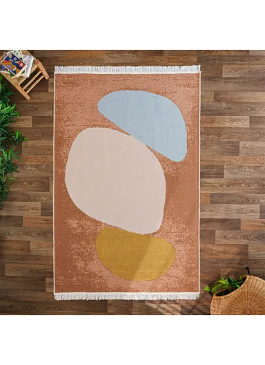 120 x 180 cm Mirror Craft Pebble Art Double Sided Decorative Rug - Brown / Blue / Light Grey / Mustard