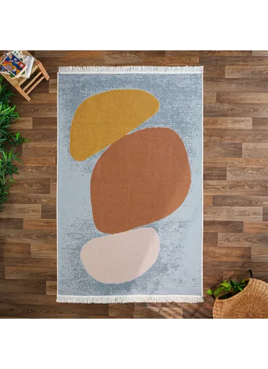 160 x 230 cm Mirror Craft Pebble Art Double Sided Decorative Rug - Brown / Blue / Light Grey / Mustard