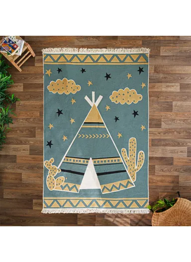 160 x 230 cm Mirror Craft Tent Double Sided Decorative Rug - Green / White / Mustard