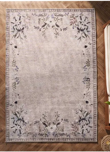 160 x 230 cm Retro Leafy Frame Decorative Rug - Grey / Blue / White