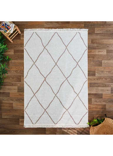 200 x 300 cm Mirror Craft Elegance Diamond Double Sided Decorative Rug - White / Light Brown