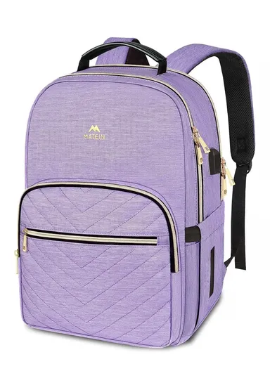 Women's Laptop Backpack with PU Leather Top Handle &amp; USB Charging Port  - Purple
