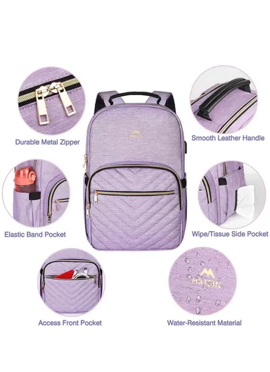 Women's Laptop Backpack with PU Leather Top Handle &amp; USB Charging Port  - Purple