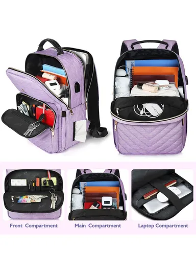 Women's Laptop Backpack with PU Leather Top Handle &amp; USB Charging Port  - Purple