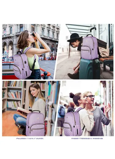 Women's Laptop Backpack with PU Leather Top Handle &amp; USB Charging Port  - Purple