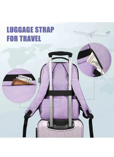 Women's Laptop Backpack with PU Leather Top Handle &amp; USB Charging Port  - Purple