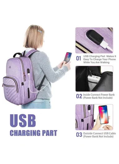 Women's Laptop Backpack with PU Leather Top Handle &amp; USB Charging Port  - Purple