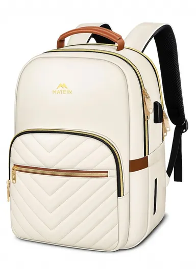 Women's Laptop Backpack with PU Leather Top Handle &amp; USB Charging Port  - White