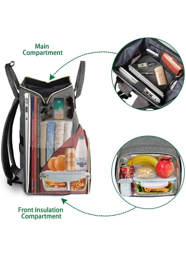 Laptop Backpack with Insulated Leakproof Lunch Compartment &amp; USB Charging Port - Grey