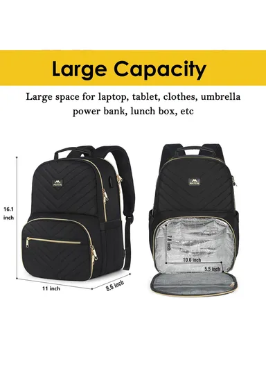 Leakproof Women's Laptop Backpack with Lunch Box Compartment &amp; USB Port 1341 - Black