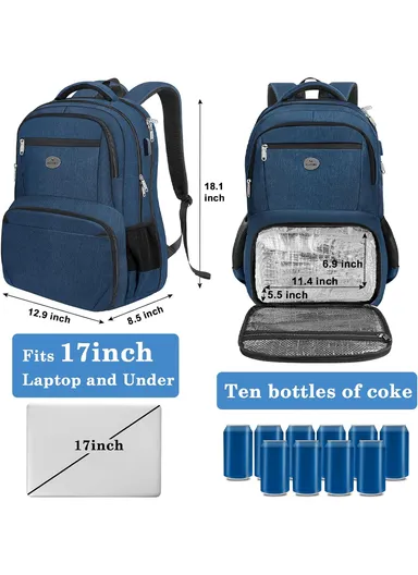 Warm &amp; Cold Lunch Backpack, Water-Resistant Laptop Backpack with USB Port - Blue