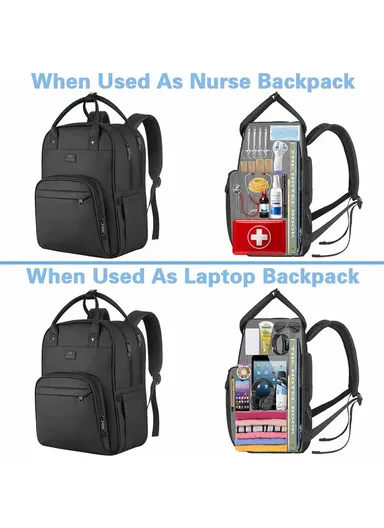 Large Capacity Nurse Backpack with Laptop Sleeve &amp; Travel Strap - Black