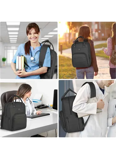 Large Capacity Nurse Backpack with Laptop Sleeve &amp; Travel Strap - Black