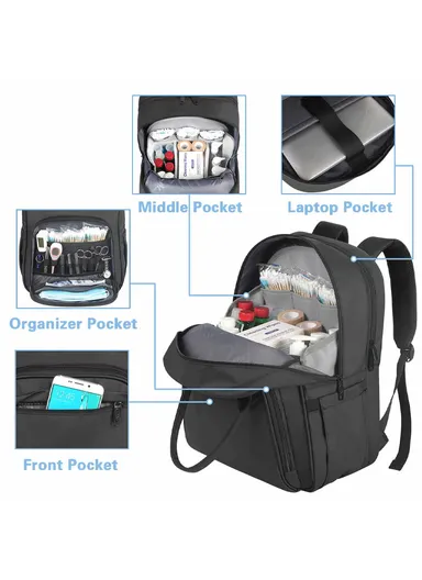 Large Capacity Nurse Backpack with Laptop Sleeve &amp; Travel Strap - Black