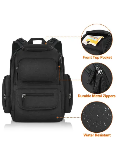 Waterproof Diaper Bag Backpack with Insulated Pockets &amp; Stroller Clips - Black