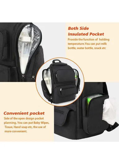 Waterproof Diaper Bag Backpack with Insulated Pockets &amp; Stroller Clips - Black