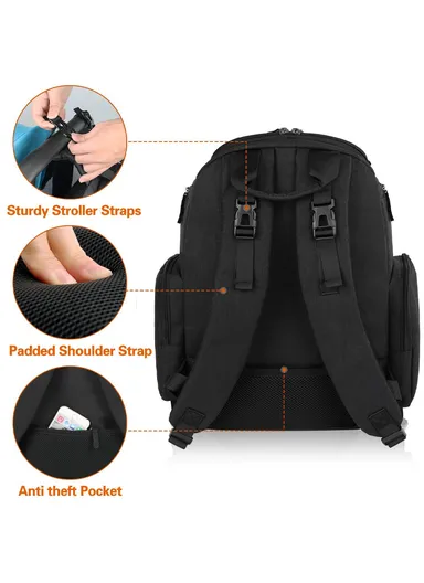Waterproof Diaper Bag Backpack with Insulated Pockets &amp; Stroller Clips - Black