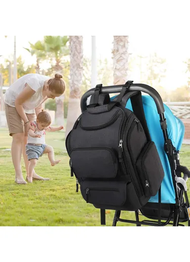 Waterproof Diaper Bag Backpack with Insulated Pockets &amp; Stroller Clips - Black