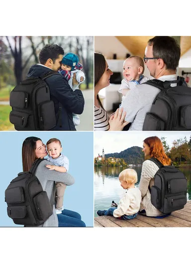 Waterproof Diaper Bag Backpack with Insulated Pockets &amp; Stroller Clips - Black