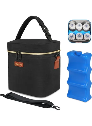 Cooler Bag with Ice Pack, Fits 6 Baby Bottles Up to 330 ml, Insulated Bottle Bag for Nursing Moms, Daycare &amp; On-the-Go - Black