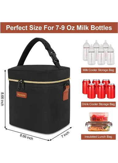 Cooler Bag with Ice Pack, Fits 6 Baby Bottles Up to 330 ml, Insulated Bottle Bag for Nursing Moms, Daycare &amp; On-the-Go - Black