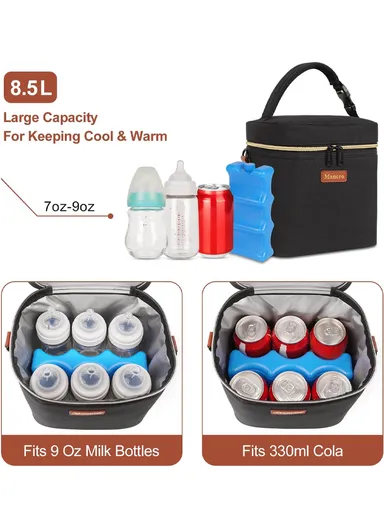 Cooler Bag with Ice Pack, Fits 6 Baby Bottles Up to 330 ml, Insulated Bottle Bag for Nursing Moms, Daycare &amp; On-the-Go - Black