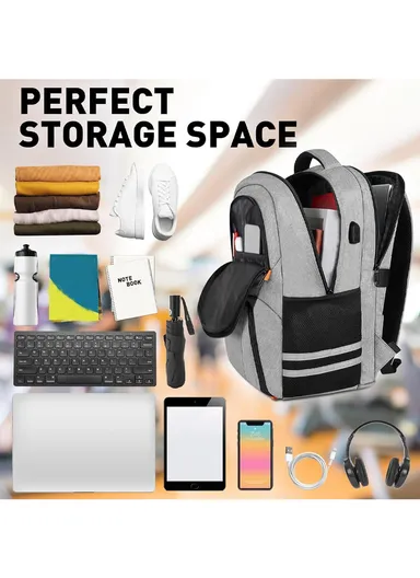 Water-Resistant Gym &amp; Laptop Backpack with Shoe Compartment, USB Port &amp; Luggage Strap – Grey