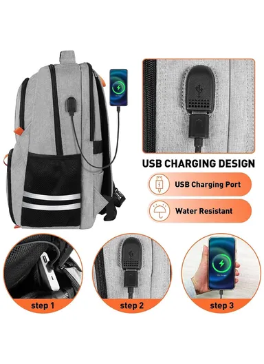 Water-Resistant Gym &amp; Laptop Backpack with Shoe Compartment, USB Port &amp; Luggage Strap – Grey