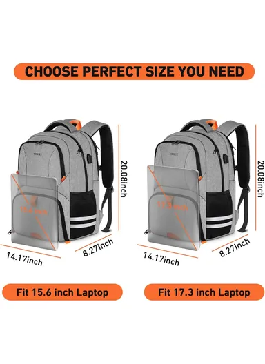 Water-Resistant Gym &amp; Laptop Backpack with Shoe Compartment, USB Port &amp; Luggage Strap – Grey