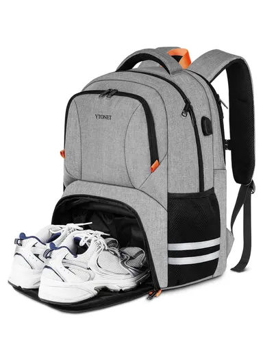 Water-Resistant Gym &amp; Laptop Backpack with Shoe Compartment, USB Port &amp; Luggage Strap – Grey