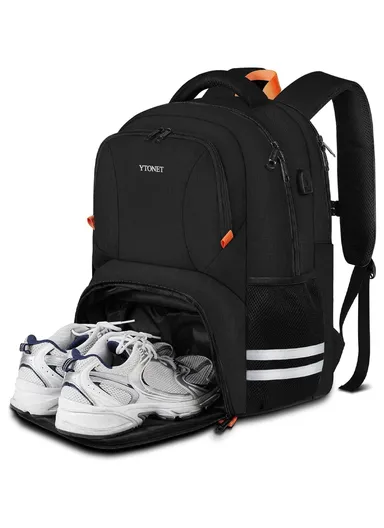 Water-Resistant Gym &amp; Laptop Backpack with Shoe Compartment, USB Port &amp; Luggage Strap – Black