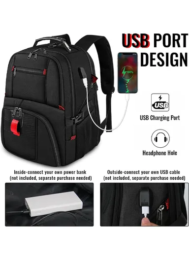 Water-Resistant Laptop Backpack with USB Charging Port &amp; Expandable Storage - Black
