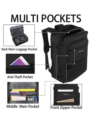 Large Capacity Waterproof Laptop Backpack, Multifunctional Travel &amp; Business Bag -  Black