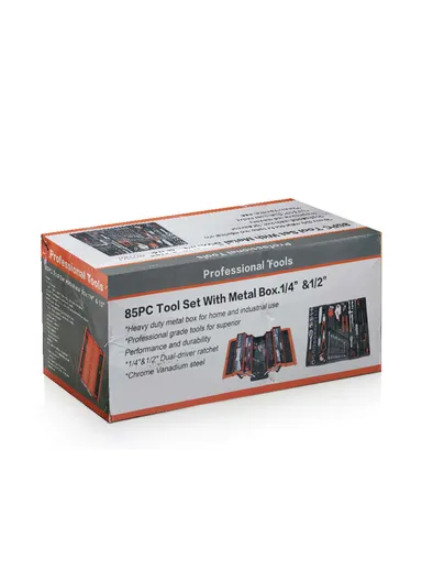 85 PCS Professional Grade Tool Set with Heavy-Duty Metal Box, 1/4" &amp; 1/2" Dual-Driver CT128502