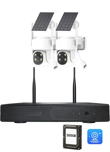 2CH NVR KIT: 3.0MP 2-Camera PTZ Dome Solar WiFi Security Kit With 500GB HDD NVR Recorder Kit K8216-B3-Q-XG-DQ03-2