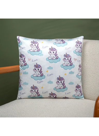 43 x 43 cm Unicorn Whimsy Printed Decorative Cover Cushion - Turquoise / White / Purple