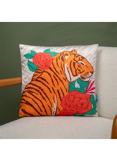 43 x 43 cm Tiger's Grace Printed Decorative Cover Cushion - Orange / Green