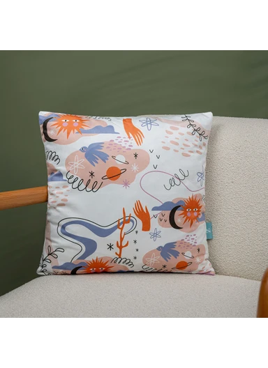 43 x 43 cm Pico Printed Decorative Cover Cushion - Ecru / Orange / Plum